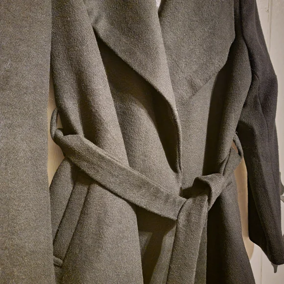 Boston Proper Jacket Wool Black Coat Open Front Belted Trench Size 14 - Picture 2 of 5